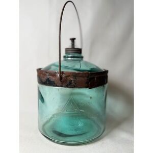 Antique Cleveland Metal Products Aqua Glass Kerosene Oil Font Jar 1919 Patented